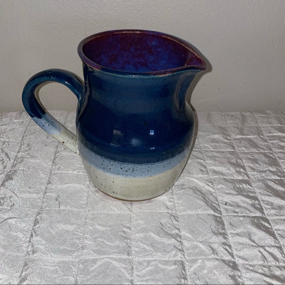 HANDMADE RUSTIC POTTERY pitcher in violets-off white